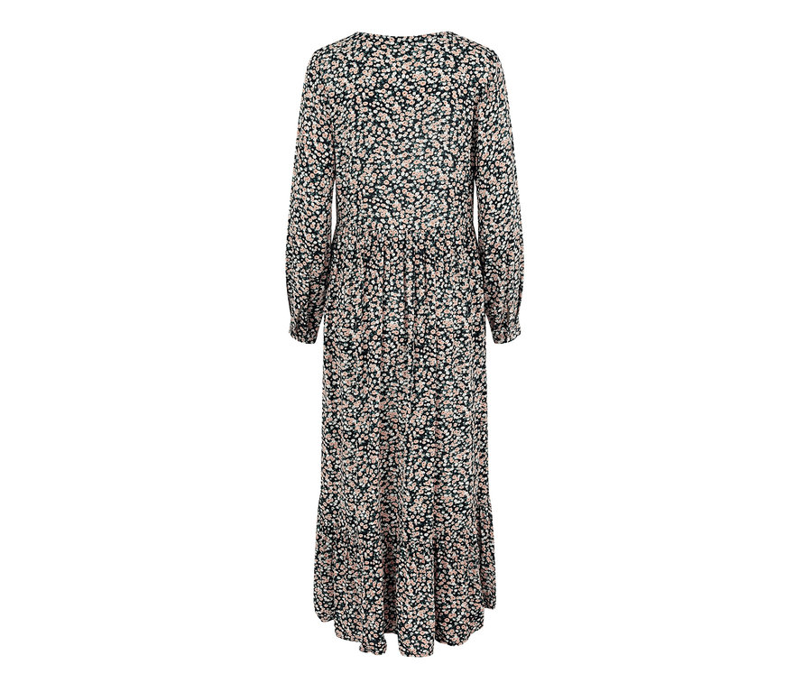 Rückansicht eines langärmligen Maxi-Kleids mit Blumenmuster.