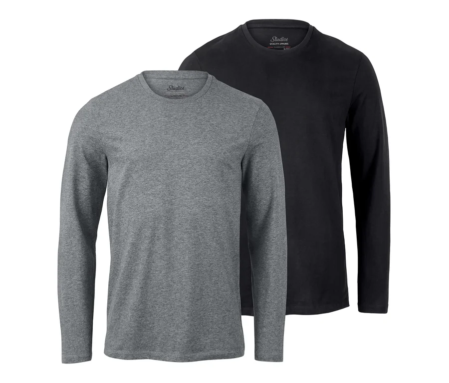 Zwei graue und schwarze Langarmshirts.