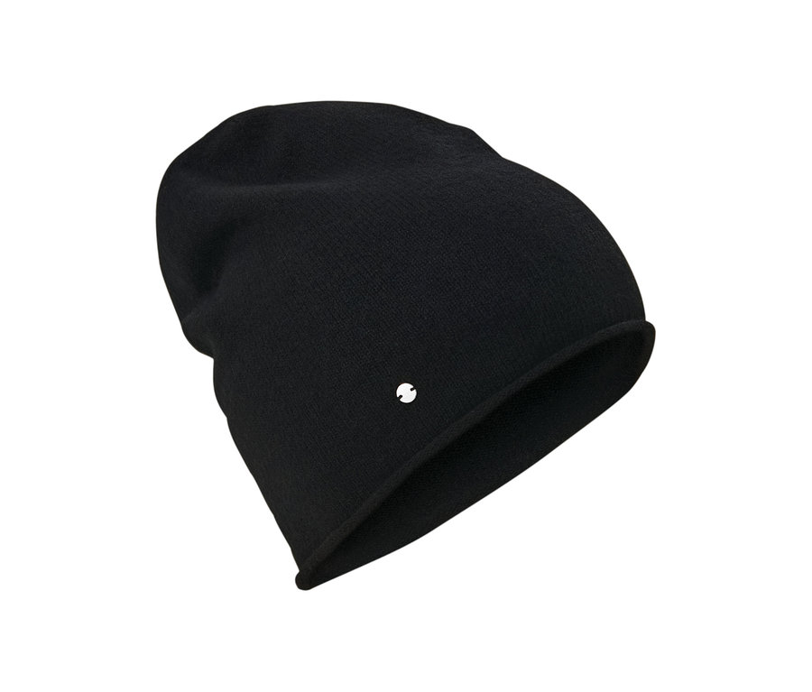 Schwarze Feinstrick-Beanie.
