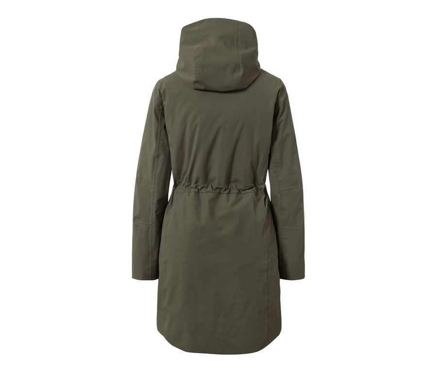 Rückansicht eines olivgrünen 3-in-1-Regenmantels mit Kapuze und Kordelzug in der Taille.