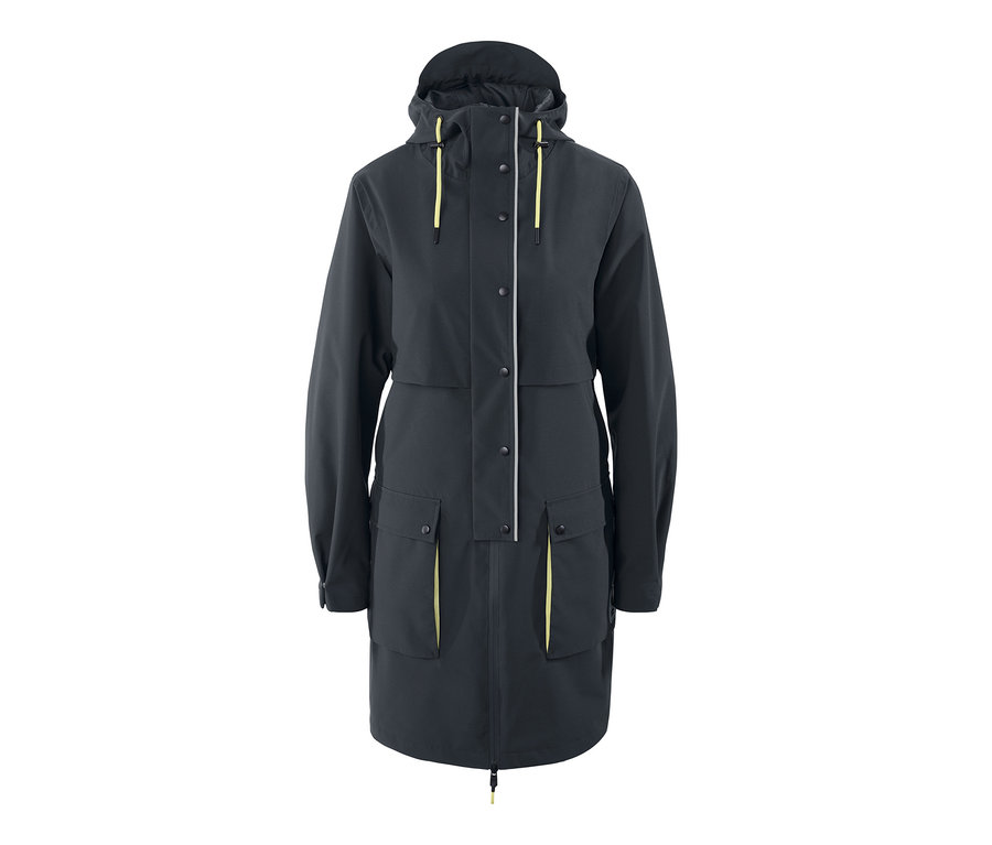 Eine dunkelgraue Funktions-Regenparka mit Kapuze, Knopfverschluss und gelben Details.