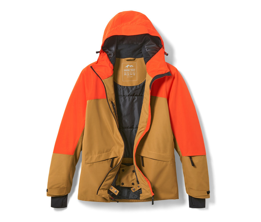 Orange-braune Skijacke.