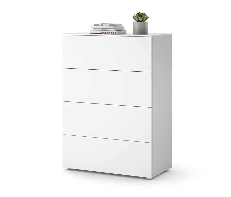 Weisse Kommode mit Schubladen, vier Schubladen und Pflanze oben drauf.