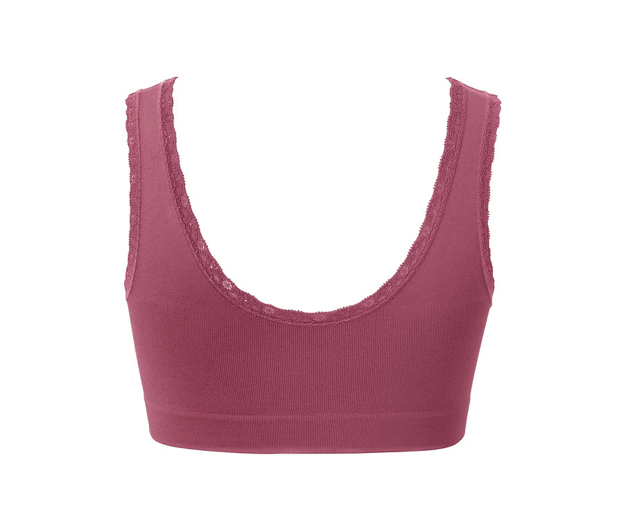 Nahaufnahme eines lila Seamless-Bustiers mit Spitze.
