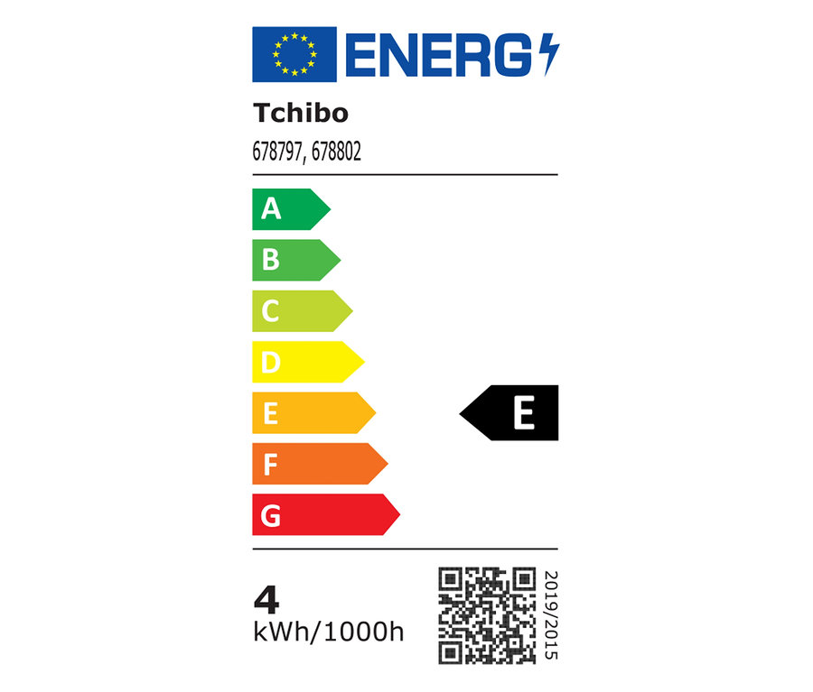 Tchibo Energielabel mit Energieeffizienzklassen A bis G, wobei das Produkt in Klasse E fällt.