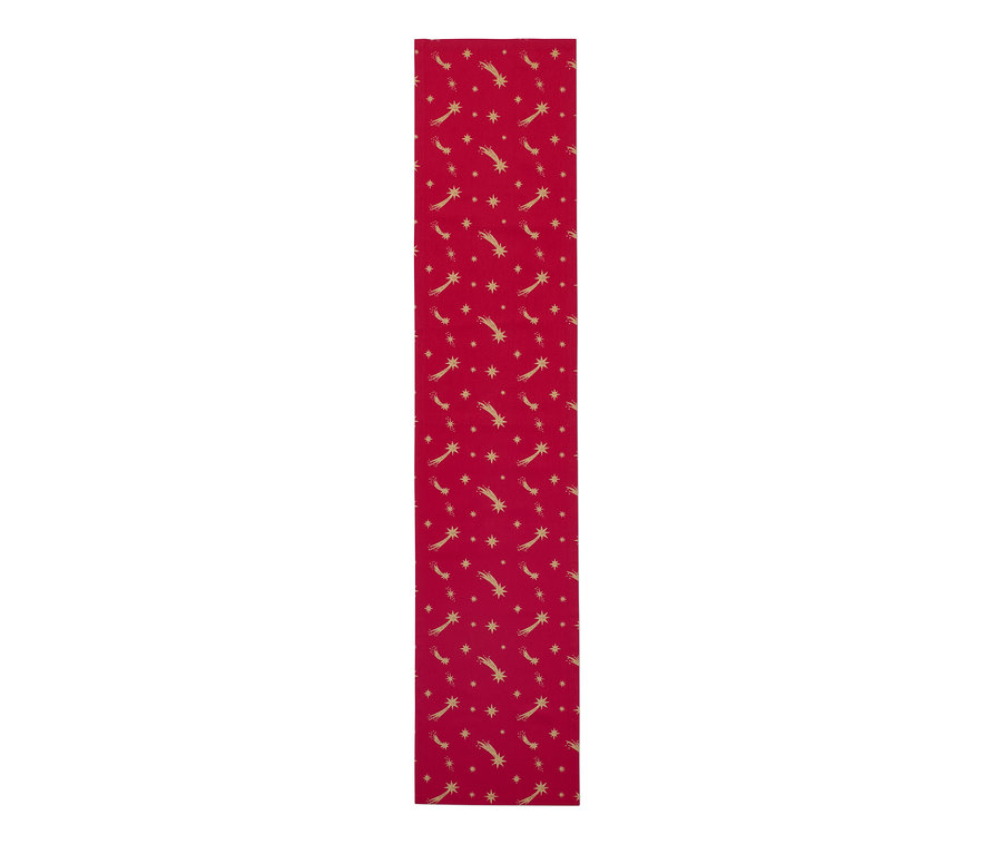 Roter Baumwoll-Tischläufer mit goldenem Sternmuster.