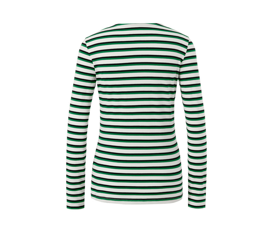 Rückansicht eines mehrfarbig gestreiften Langarmshirts.