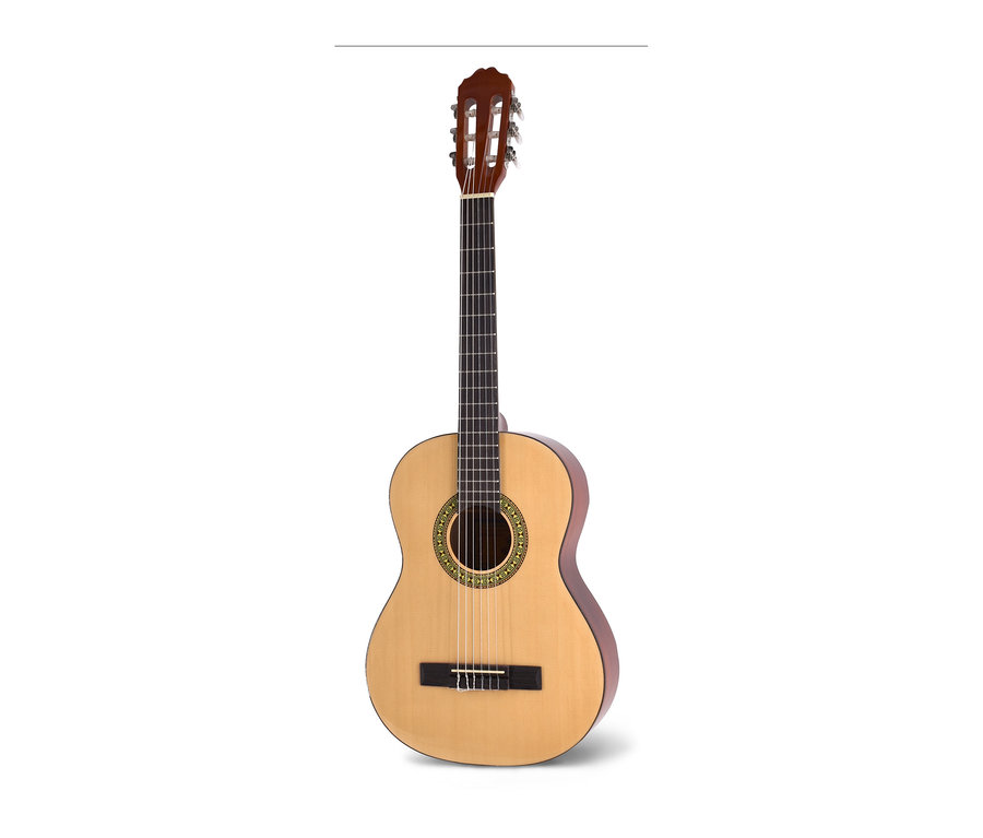Detailaufnahme einer Akustikgitarre. Zu sehen ist ein Voggenreiter VOLT Akustik Gitarren-Set 4/4.