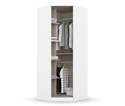 Weißer Eckschrank »Memphis« mit offener Tür, die Kleidung, Regale und einen Korb zeigt.