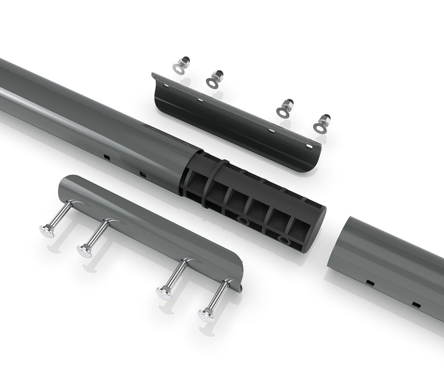 Teile des grauen EXIT Klettergerüst MB220 auf weißem Hintergrund.