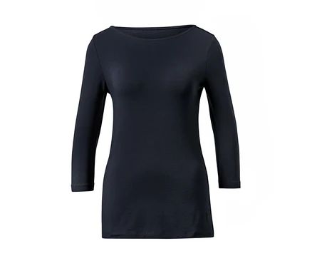 Marineblaues Shirt mit 3/4-Arm auf weißem Hintergrund.