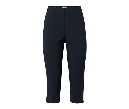 Marineblaue 3/4-Stretchhose auf weißem Hintergrund.