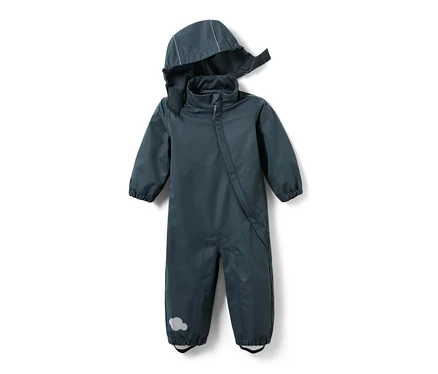 Kleinkinder-Regeneinteiler in Schieferblau mit Kapuze und Reißverschluss.