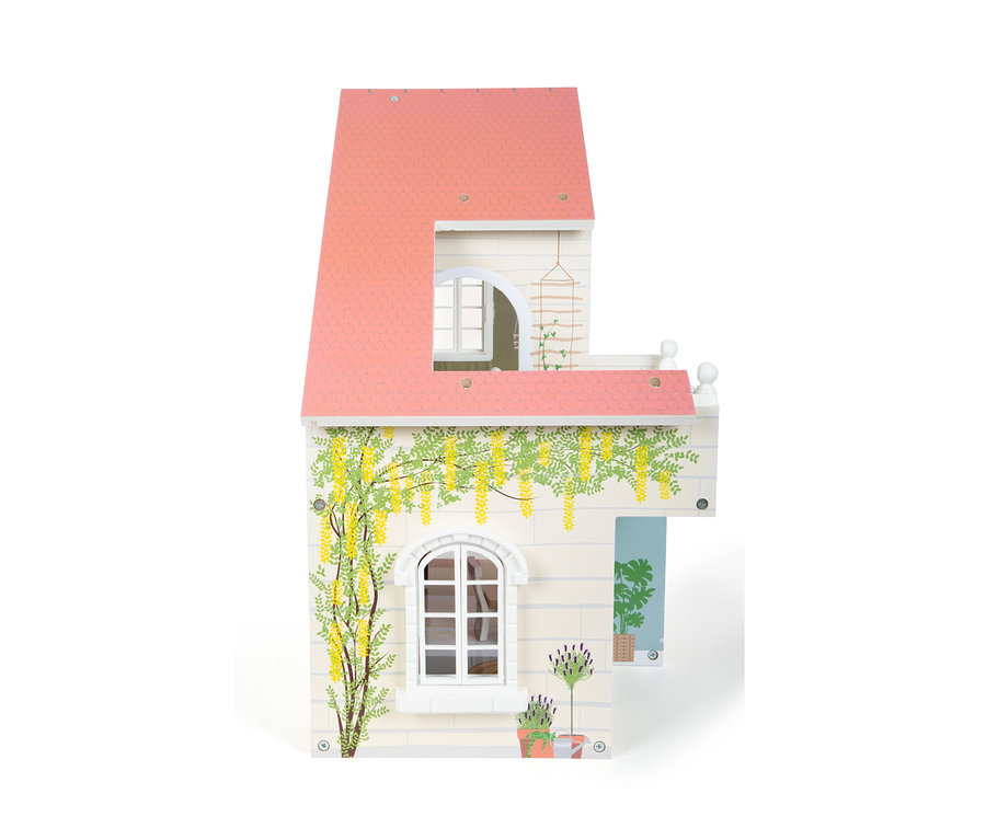 Seitenansicht eines Small Foot Puppenhauses mit Dachterrasse. Das Haus hat ein rosafarbenes Dach und ist mit aufgemalten Blumen verziert.