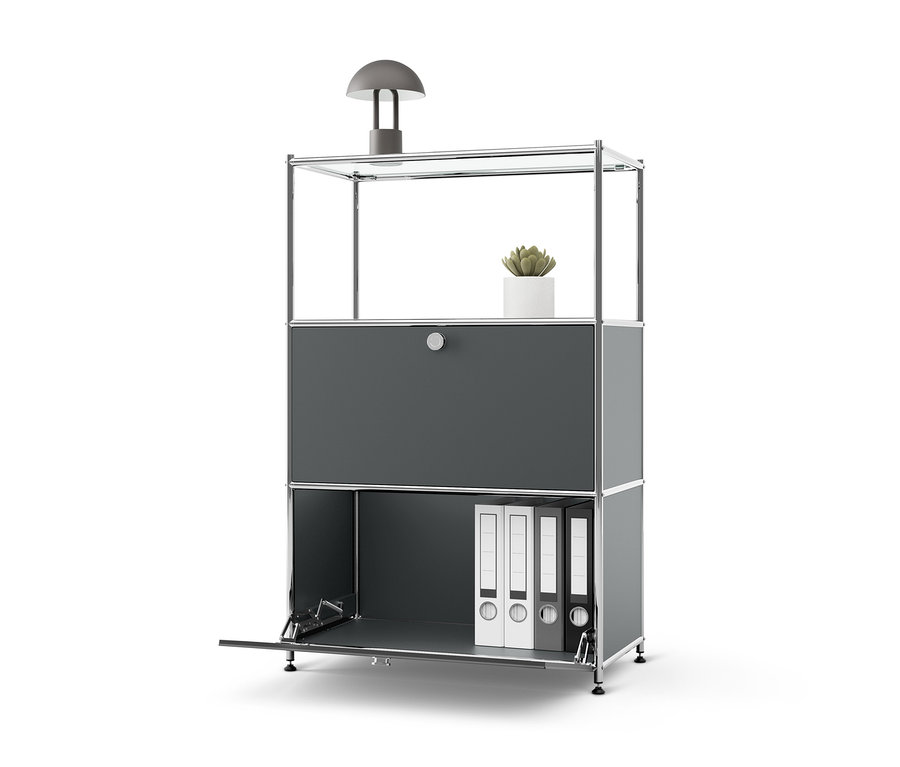 Graue Kommode Metall »CN3« mit 2 Klappfächern, oben eine Lampe und eine Topfpflanze.