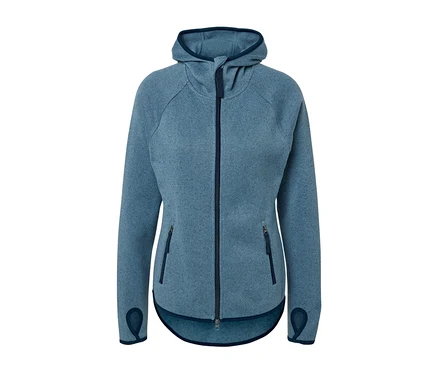 Dunkelblaue Strickfleece-Jacke mit Kapuze und Reißverschluss in der Mitte.
