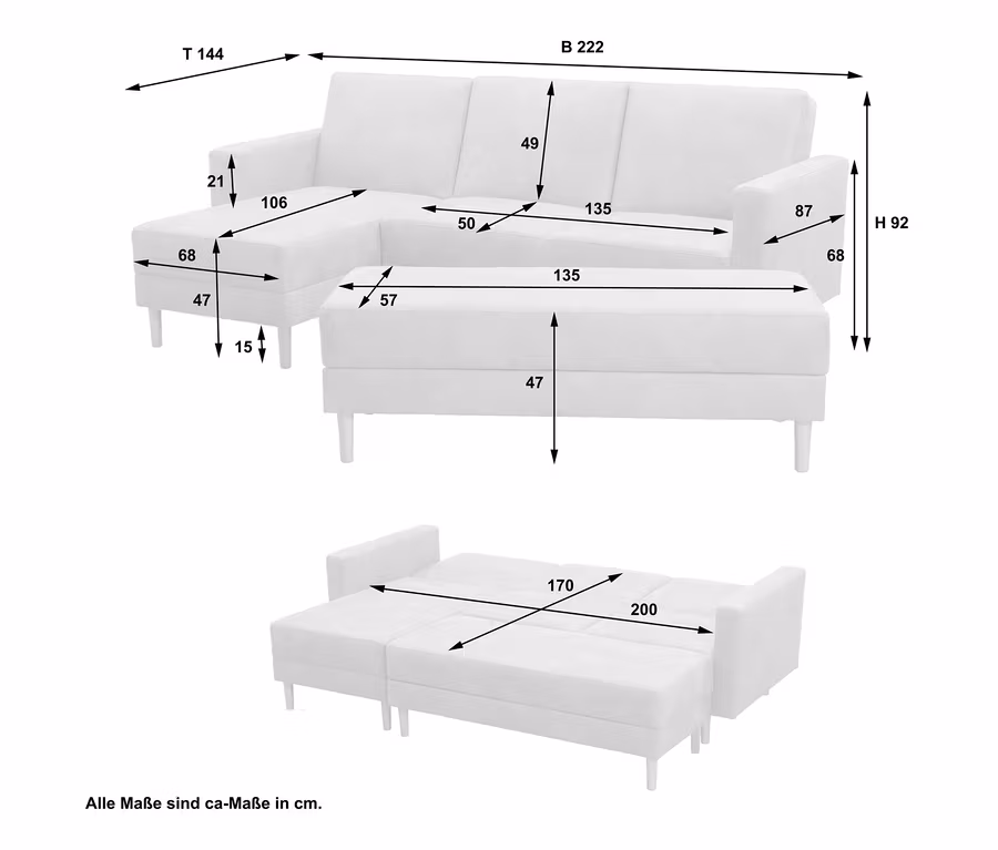 Abbildung eines Federkern-Eckschlafsofas »Just More« mit Stauraumbank, sahara, mit Maßangaben.