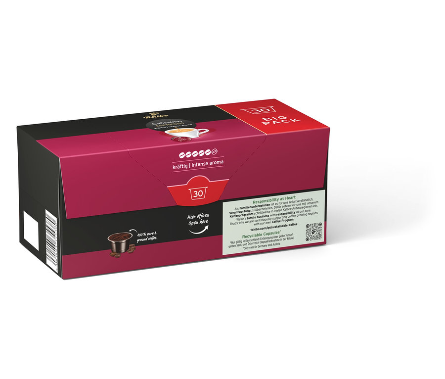 Eine Packung Cafissimo Espresso kräftig mit 30 Kapseln. Die Verpackung ist in den Farben Lila und Schwarz gehalten.