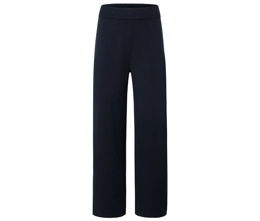 Eine marineblaue, weit geschnittene Strickhose.