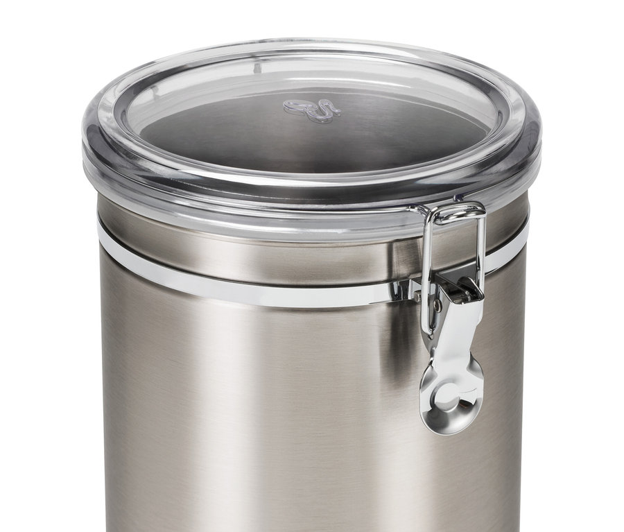Nahaufnahme einer Aromadose 1 kg aus Edelstahl mit transparentem Deckel und Verschluss.