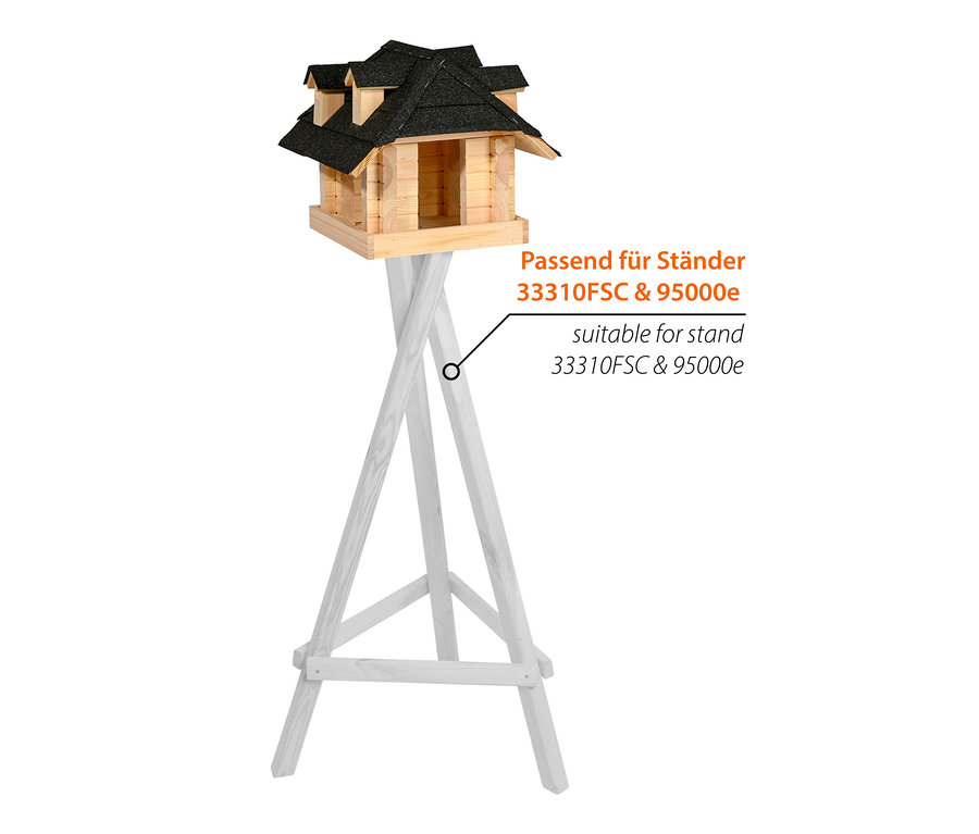 Vogelhaus »Sort« aus Massivholz auf einem weißen Ständer.