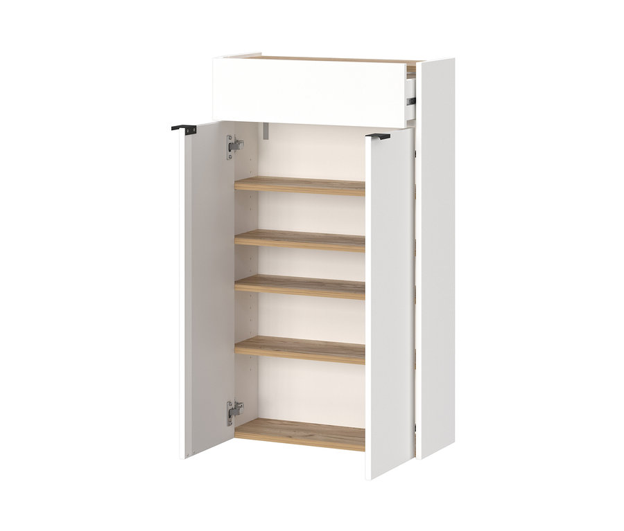 Geöffneter Mehrzweckschrank »Ameca«, weiß, mit Holzregalen.