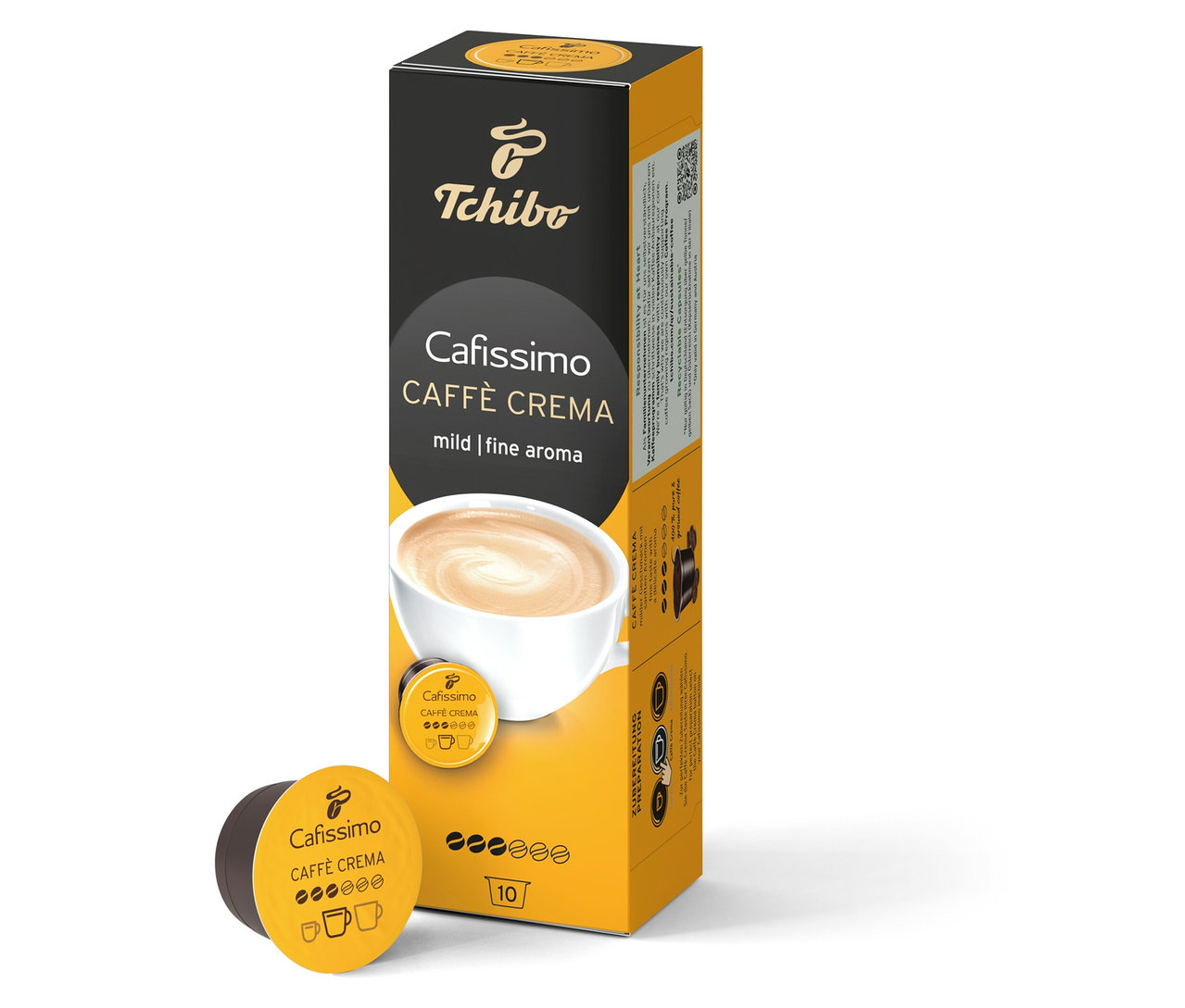 Ein Cafissimo Caffè Crema mild Karton mit einer Kapsel davor. Die Packung enthält 10 Kapseln.