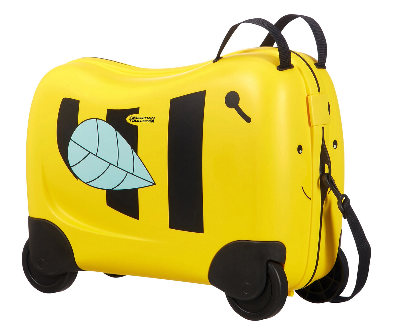Gelber American Tourister »Funrider« Aufsitzkoffer im Bienen-Design mit schwarzen Rädern und Griffen.