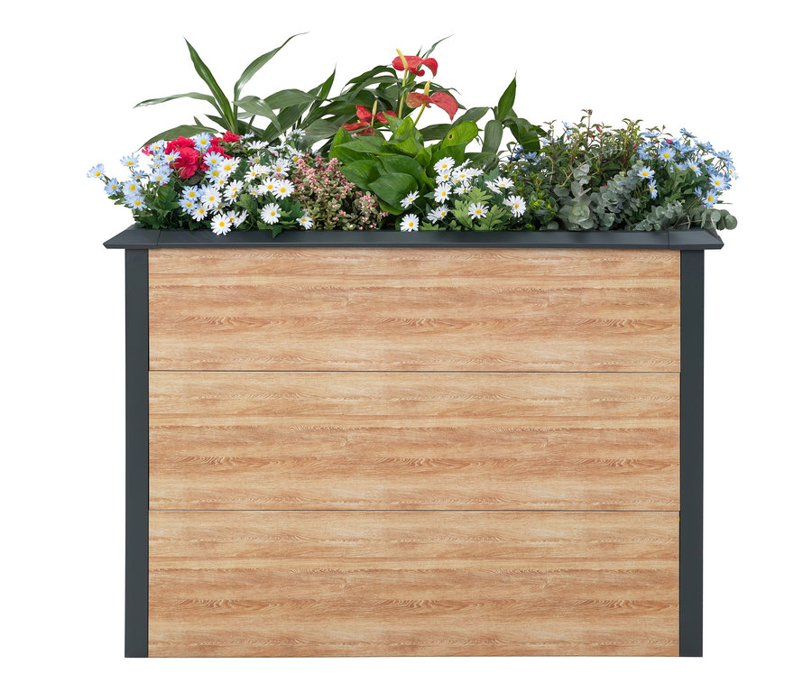 Blumenkasten bepflanzt mit verschiedenen blühenden Pflanzen.