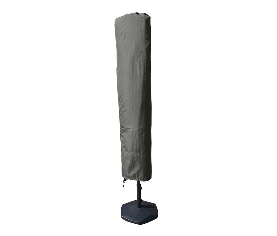 Anthrazitfarbener LECO Doppel-Sonnenschirm* mit LED-Beleuchtung, oval, ca. 270 x 460 cm, mit Hülle auf einem Sockel.