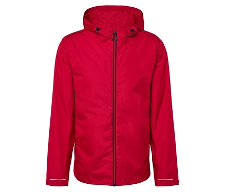 Rote Kapuzenjacke mit Reißverschluss.