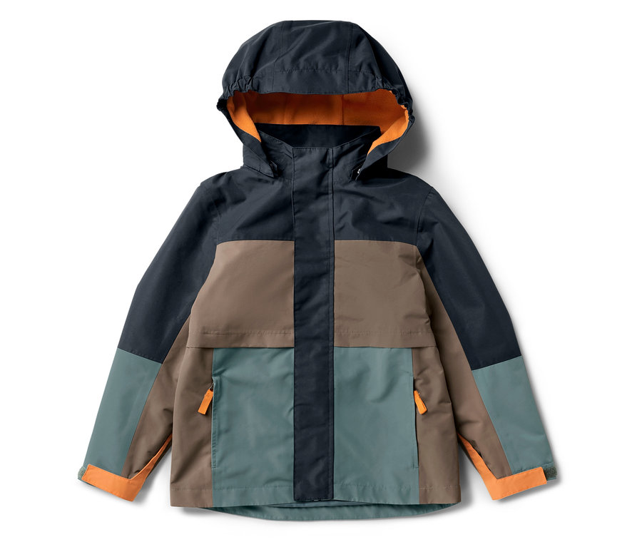 Eine Kinder-Allwetterjacke in Schwarz, Braun und Grün mit orangefarbenen Details.