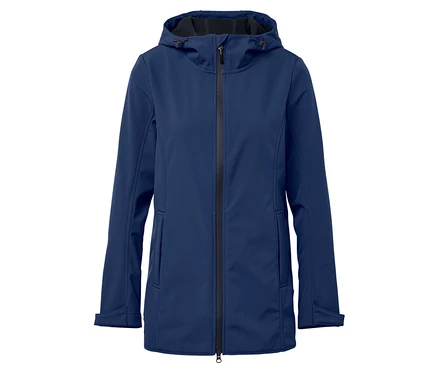 Eine marineblaue Softshelljacke mit Kapuze und Reissverschluss in der Mitte.