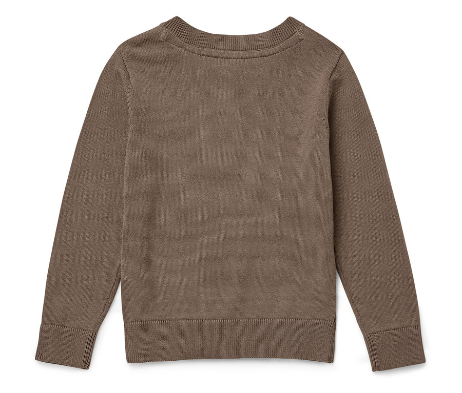 Ein brauner Strickpullover mit langen Ärmeln liegt auf einer flachen Oberfläche.