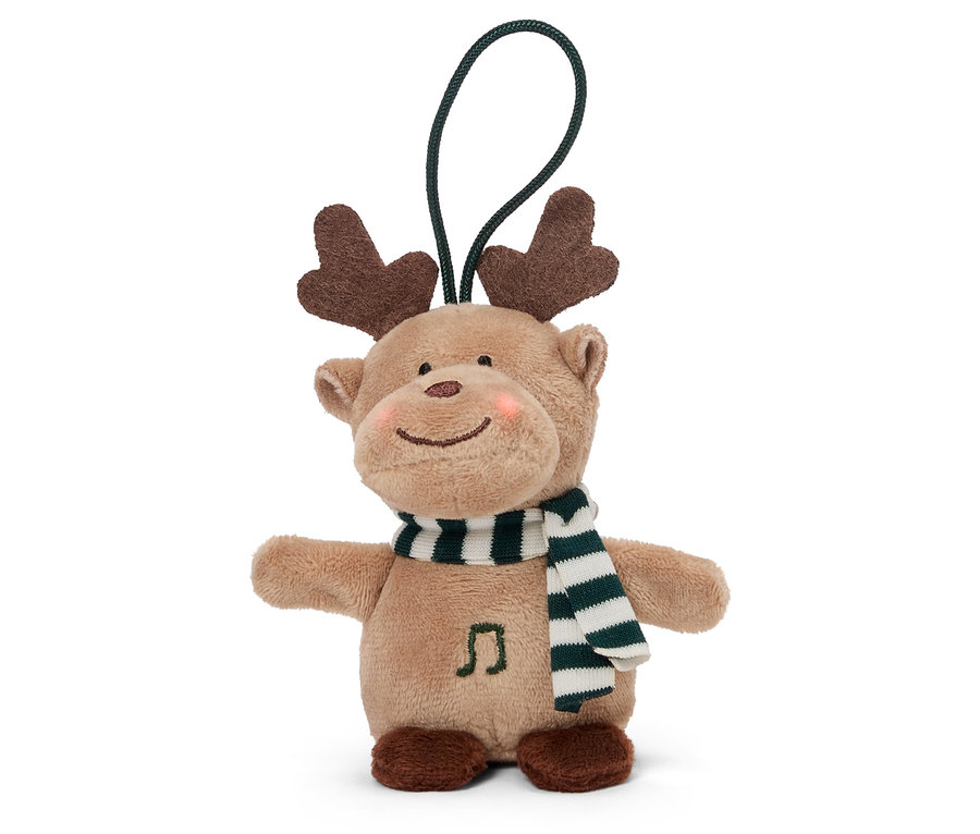 Ein Plüsch-Rentier mit Schal und Schlaufe.