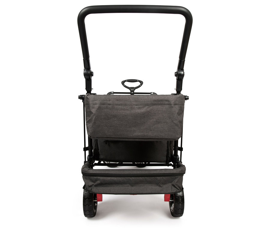 Frontansicht eines grauen Bollerwagens mit schwarzem Griff.
