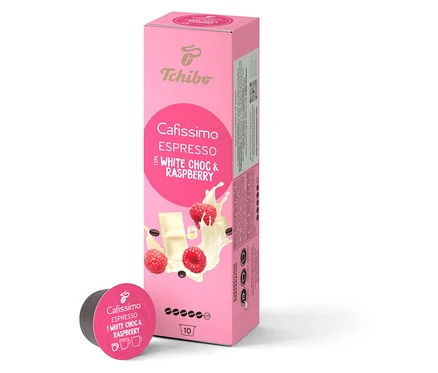 Eine Packung Cafissimo Flavoured Espresso - White Choc & Raspberry - 10 Kapseln. Daneben liegt eine einzelne Kapsel.
