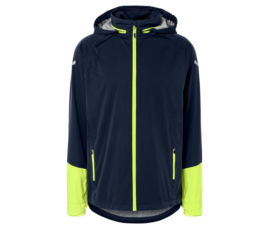 Eine dunkelblaue Jacke mit gelben Details und Kapuze.
