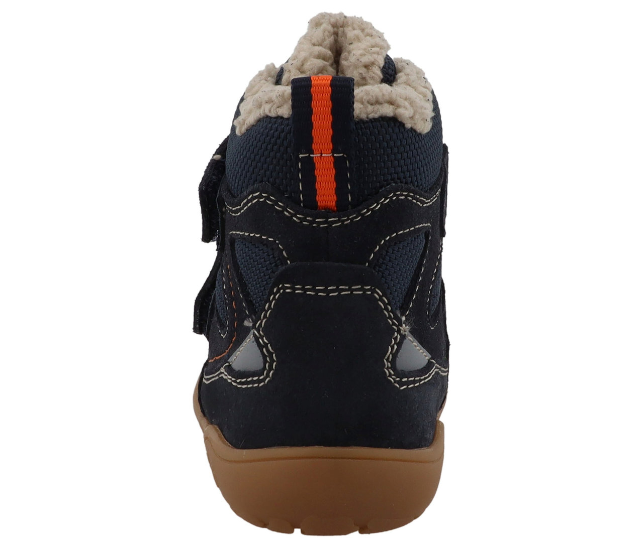 Rückansicht eines blauen LURCHI »Juppy Barefoot-TEX« Kinderstiefels mit brauner Sohle.