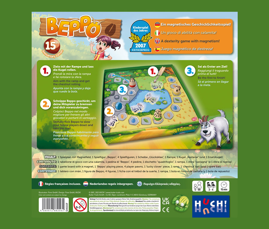 Das Spiel »Beppo« aufgebaut mit Spielplan, Spielfiguren und Würfel.