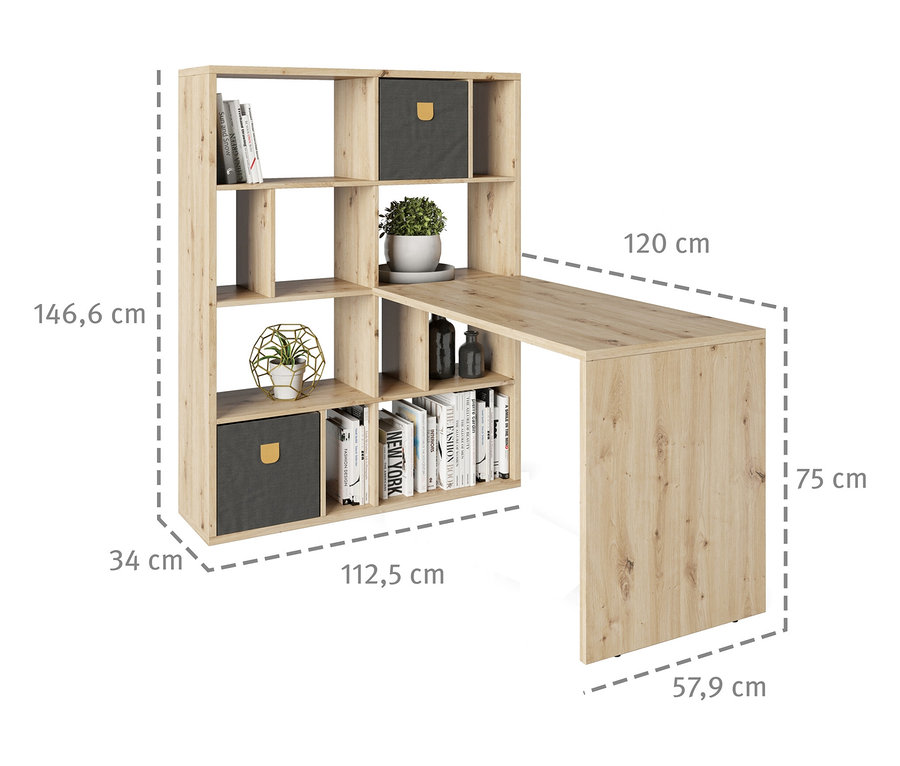 Roba Set, Raumteiler mit Schreibtisch, Artisan-Eichenoptik. Das Set beinhaltet Regale, Ablagefächer und eine Arbeitsplatte.