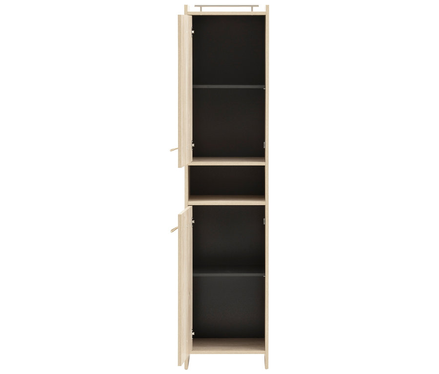 Geöffneter, heller Hochschrank »Sonderby«, Nordic Light Oak, mit zwei Regalböden und zwei Fächern.