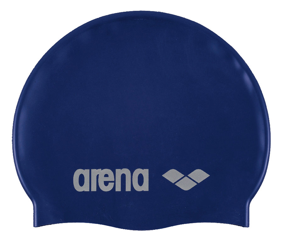 Eine marineblaue Badekappe der Marke Arena liegt auf einem weißen Hintergrund.