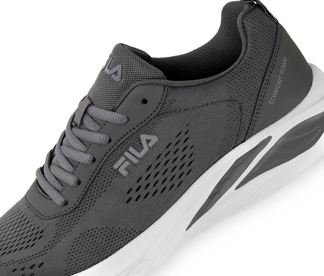 Nahaufnahme eines FILA Specctris Herren-Sneakers in Castlerock mit weißer Sohle.