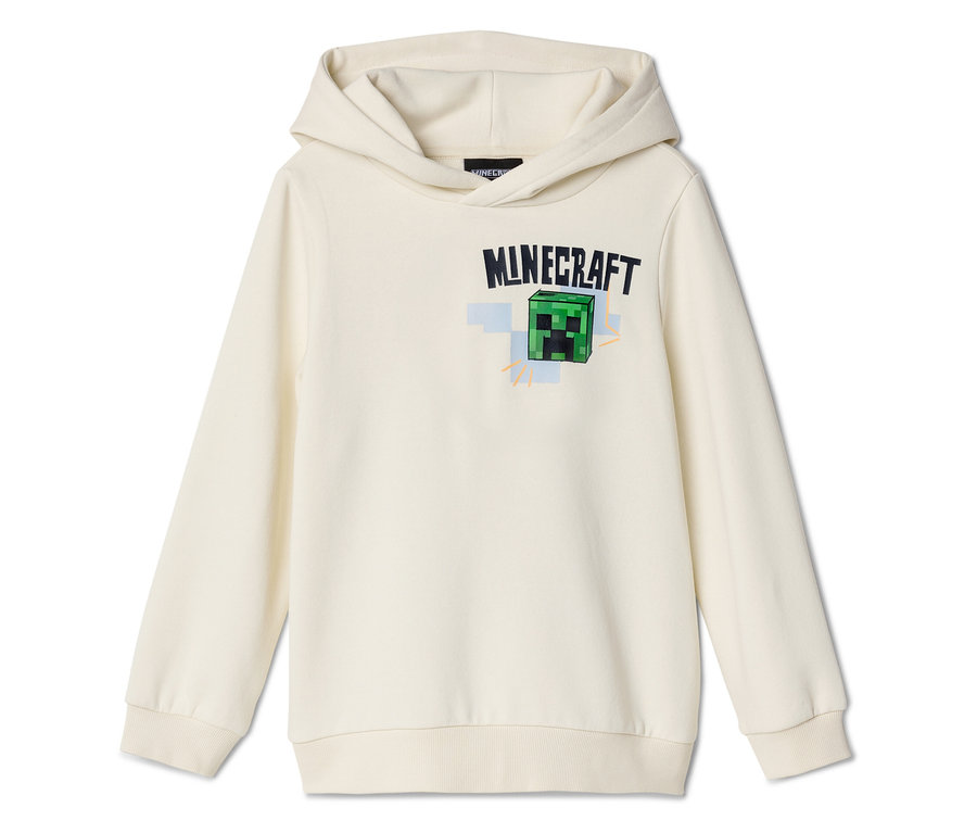 Ein cremefarbener Hoodie mit dem Minecraft-Logo und einem grünen Creeper-Gesicht auf der Brust.