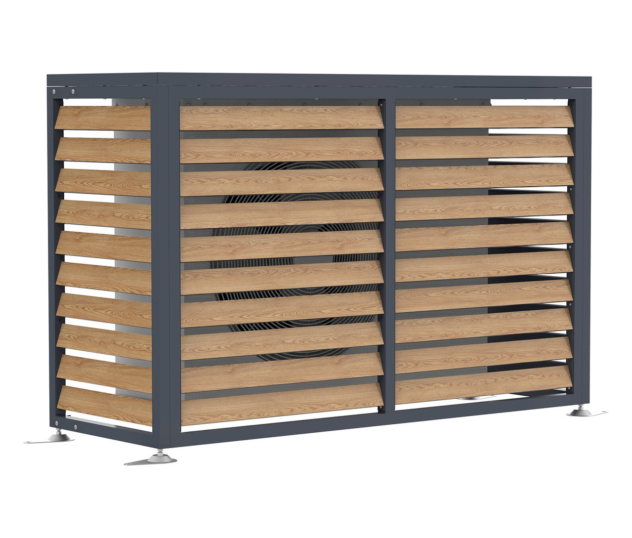 Eine graue rechteckige Struktur mit Holzpaneelen verbirgt einen Lüfter.