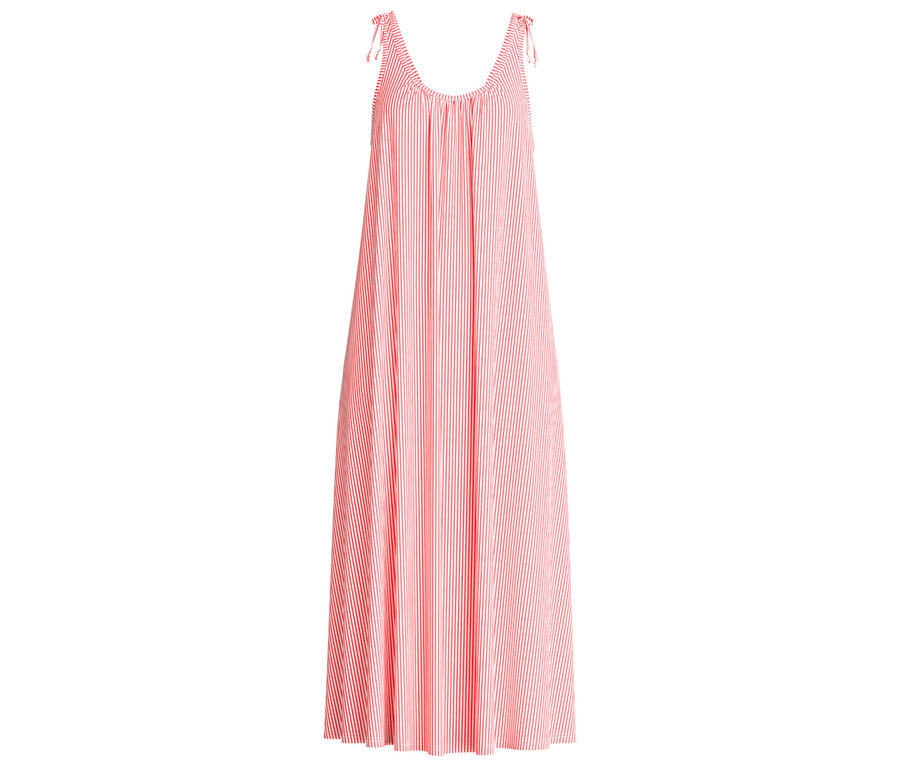 Langes, rot-weiß gestreiftes Kleid mit Trägern.