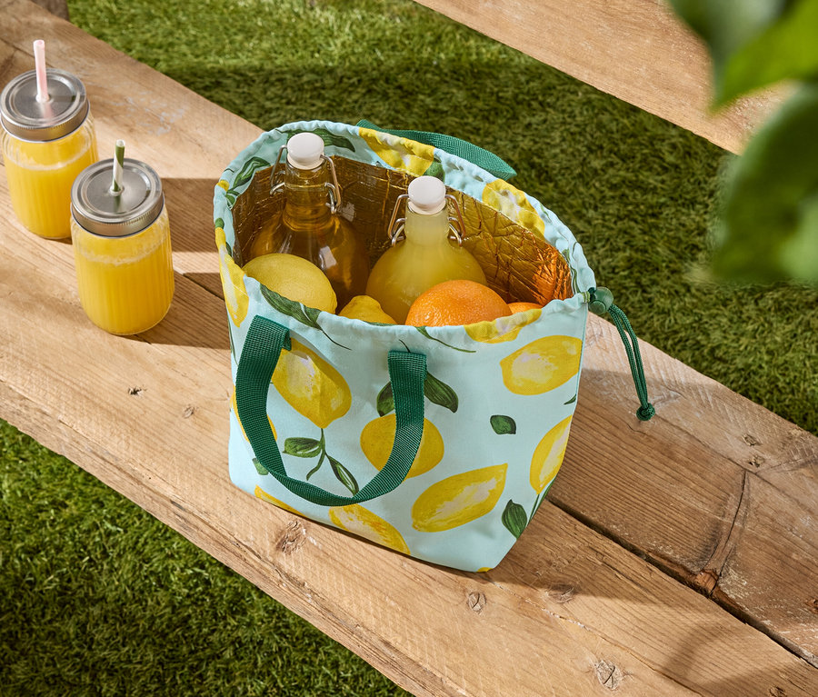 Zwei Getränke im Glas und eine Kühltasche mit Zitronenmuster, gefüllt mit Flaschen und Zitrusfrüchten, stehen auf einer Holzbank vor einem grünen Rasen.