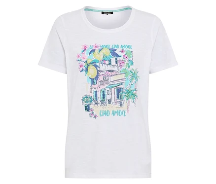 Weißes T-Shirt mit Aufdruck eines Hauses mit Zitronen und Palmen.
