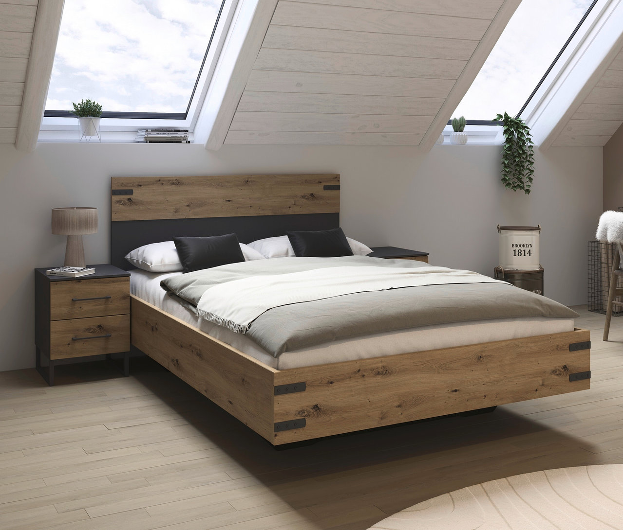 Ein rauch Bett »Butte«, 140 x 200 cm, ist Teil eines rauch Schlafzimmer-Sets »Butte«, groß, im Raum.